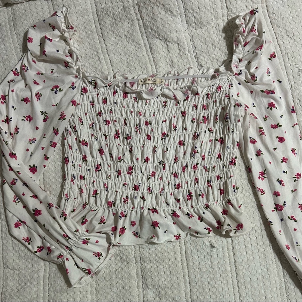 Heart Hips White and Pink Floral Smocked Blouse